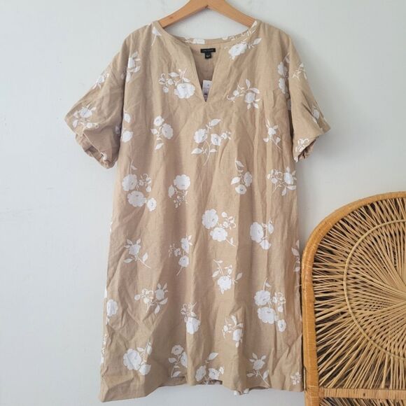 Ann Taylor Linen Blend Elbow Sleeve Shift Dress Tan/White Floral Large NWT - Picture 1 of 10